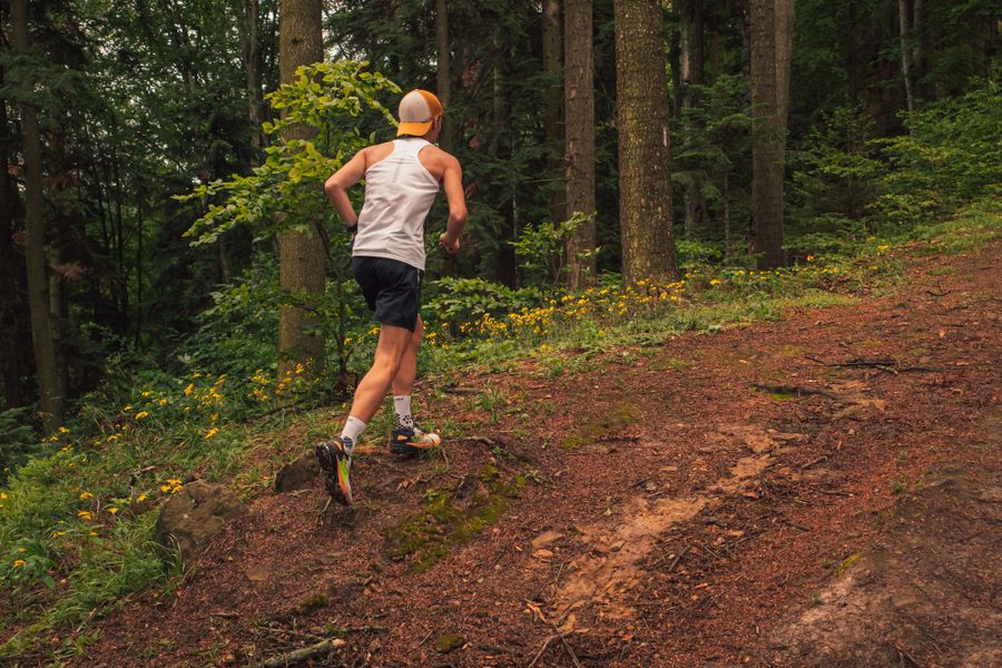 A runner on a forest trail at an easy effort